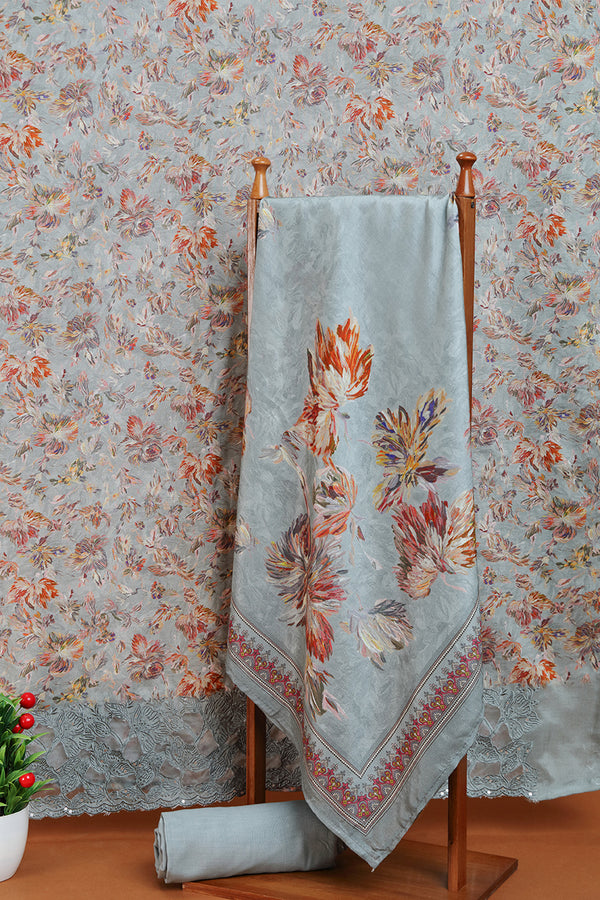 Sage Green Floral Printed Dupatta with Lace Border