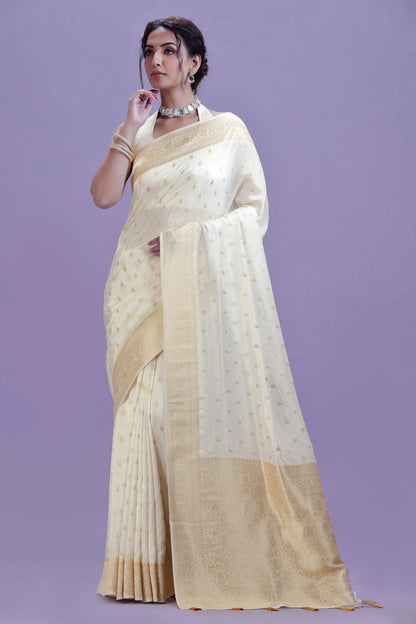 Ivory White Dola Silk Saree with Unstitched Blouse