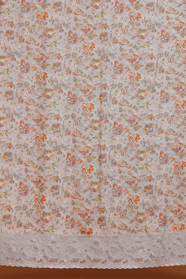 Grey Floral Printed Dupatta with Lace Border