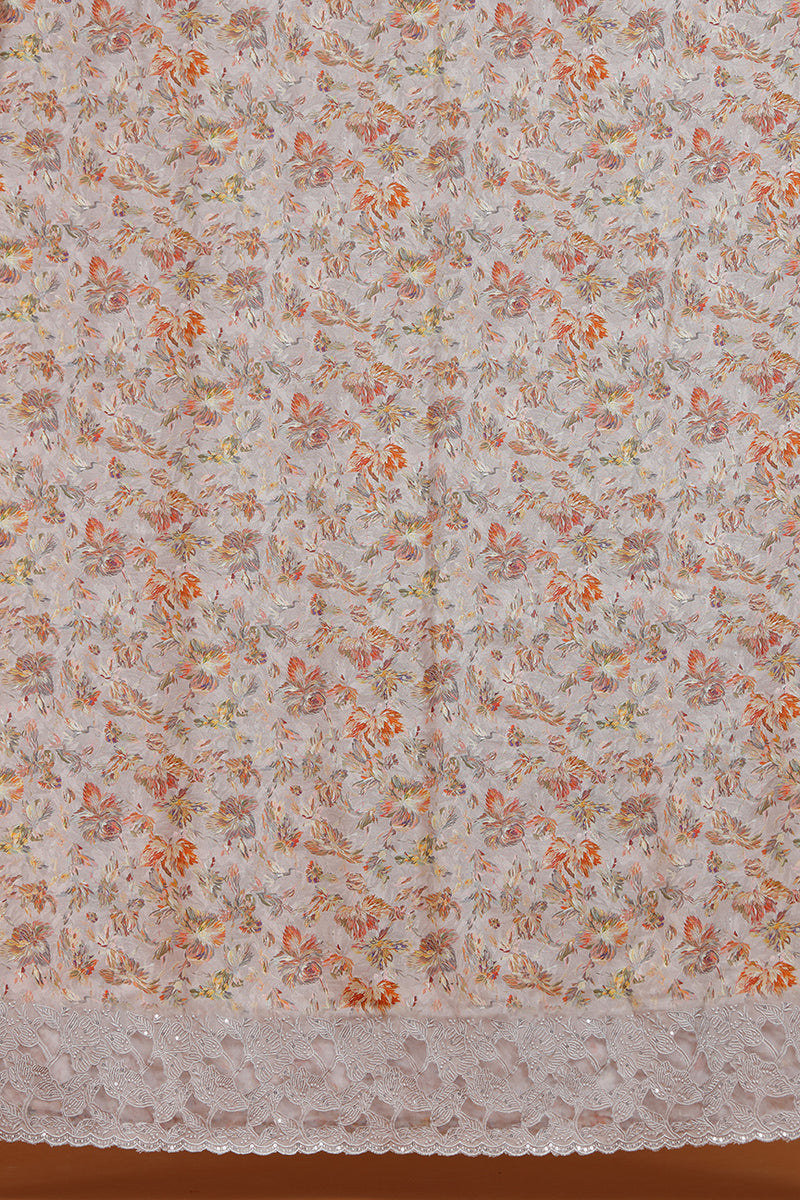 Grey Floral Printed Dupatta with Lace Border