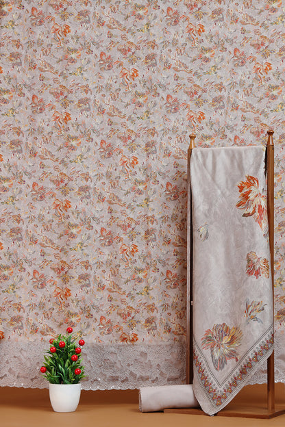 Grey Floral Printed Dupatta with Lace Border