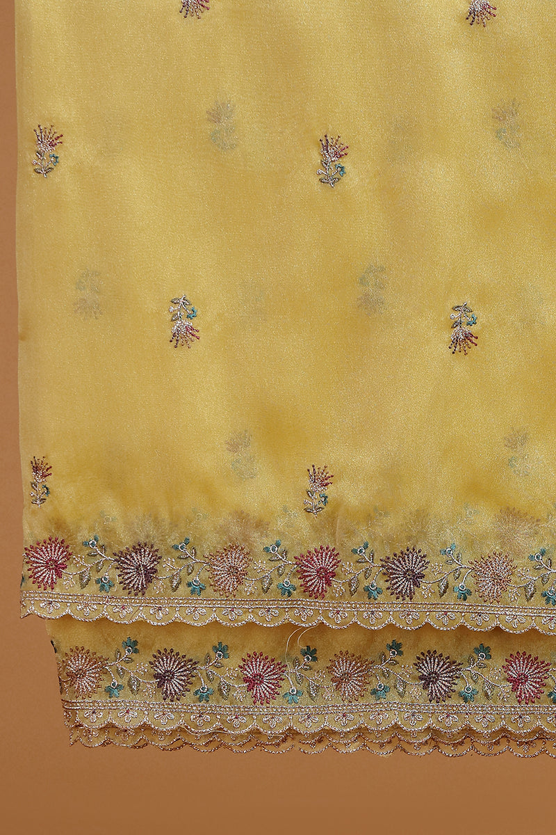 Mustard Floral Embroidered Kurta with Front Panel Detailing