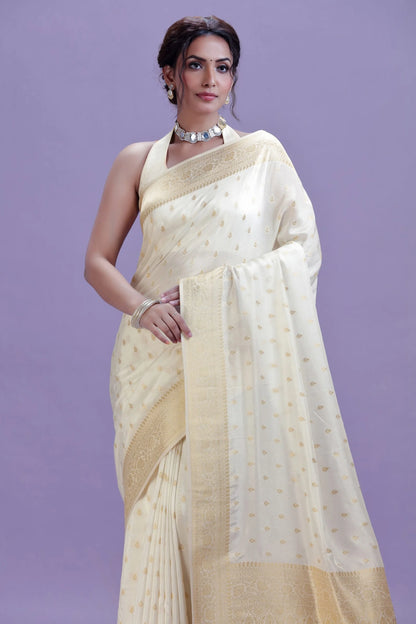 Ivory White Dola Silk Saree with Unstitched Blouse