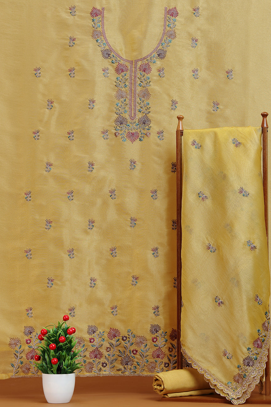 Mustard Floral Embroidered Kurta with Front Panel Detailing