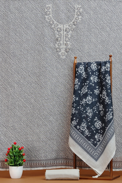 Grey Kurta with White Embroidered Neckline
