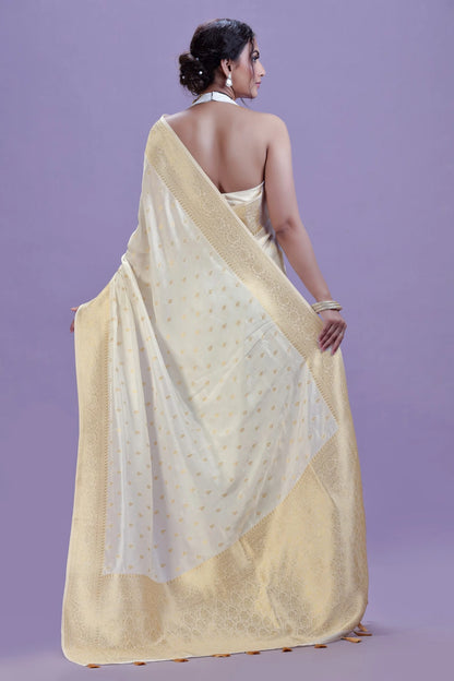 Ivory White Dola Silk Saree with Unstitched Blouse