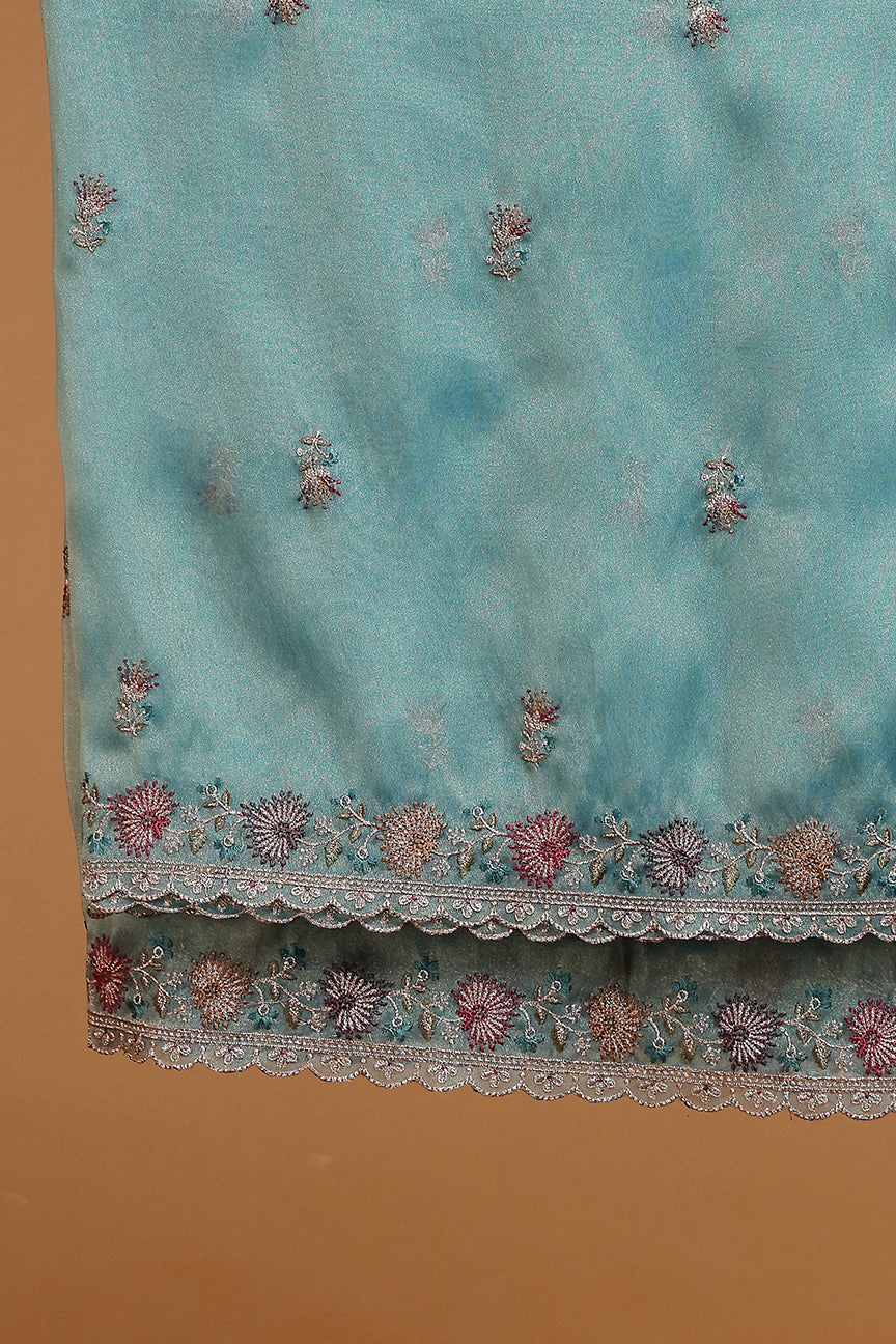 Teal Floral Embroidered Kurta with Front Panel Detailing