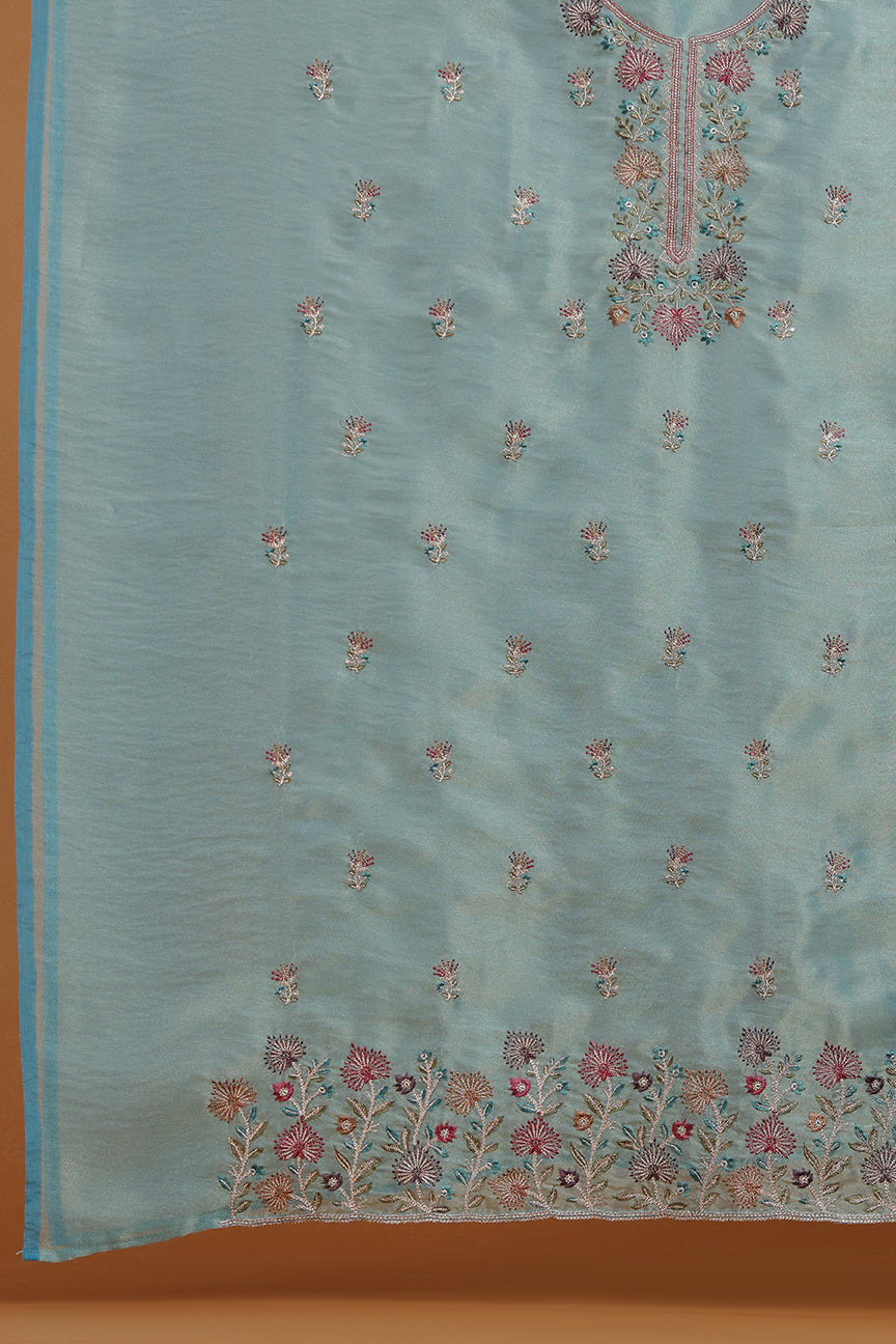 Teal Floral Embroidered Kurta with Front Panel Detailing