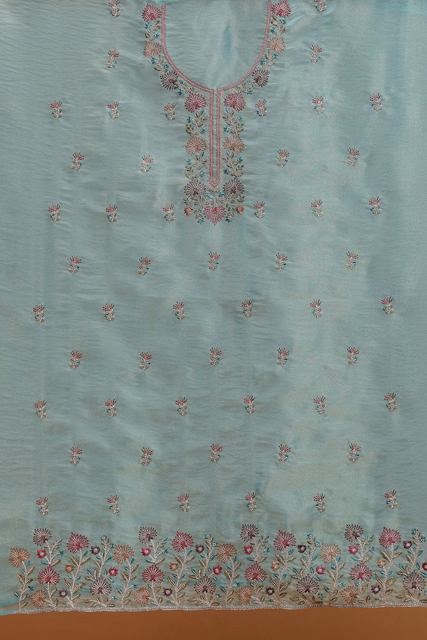 Teal Floral Embroidered Kurta with Front Panel Detailing