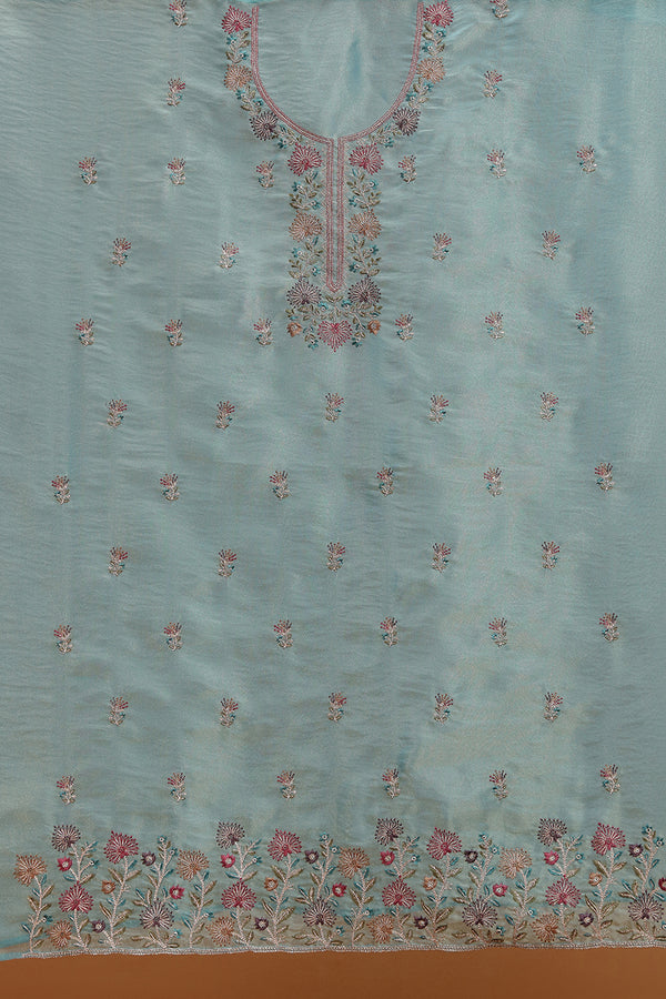 Teal Floral Embroidered Kurta with Front Panel Detailing