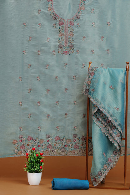 Teal Floral Embroidered Kurta with Front Panel Detailing