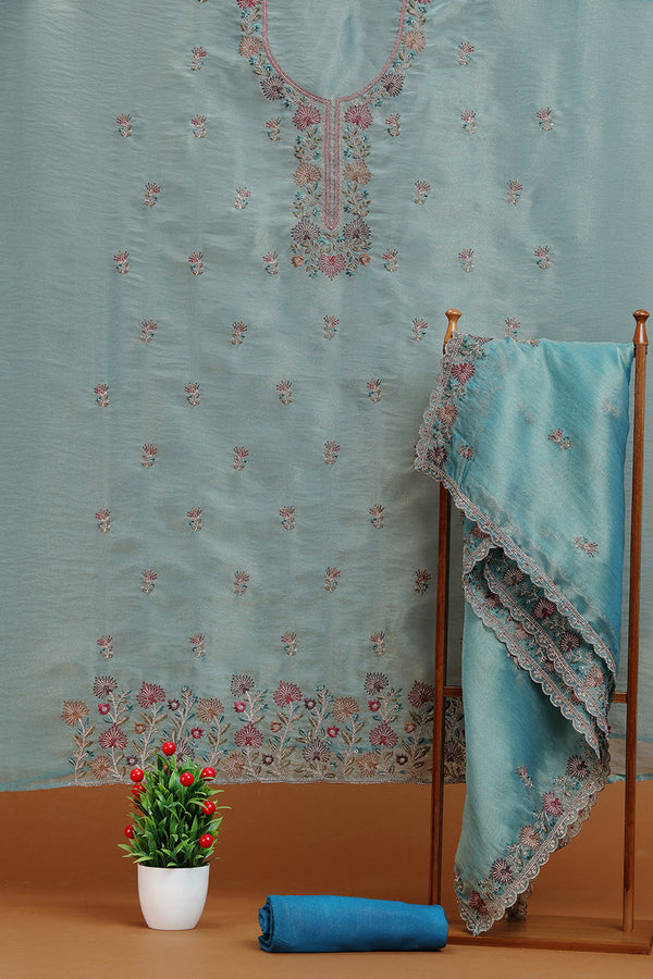 Teal Floral Embroidered Kurta with Front Panel Detailing