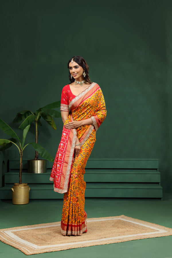 Yellow Pure Silk Saree with Unstitched Blouse