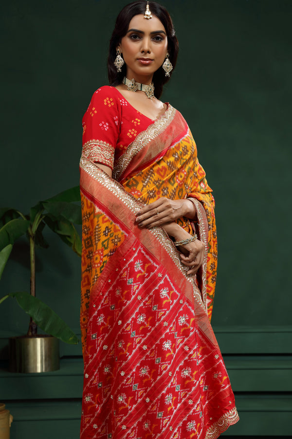Yellow Pure Silk Saree with Unstitched Blouse
