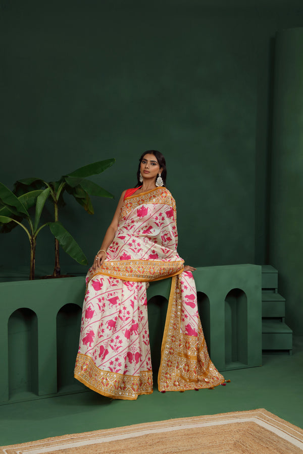 Off White Tussar Silk Saree with Unstitched Blouse