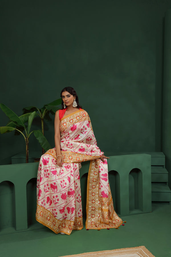 Off White Tussar Silk Saree with Unstitched Blouse