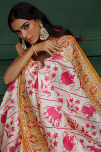 Off White Tussar Silk Saree with Unstitched Blouse