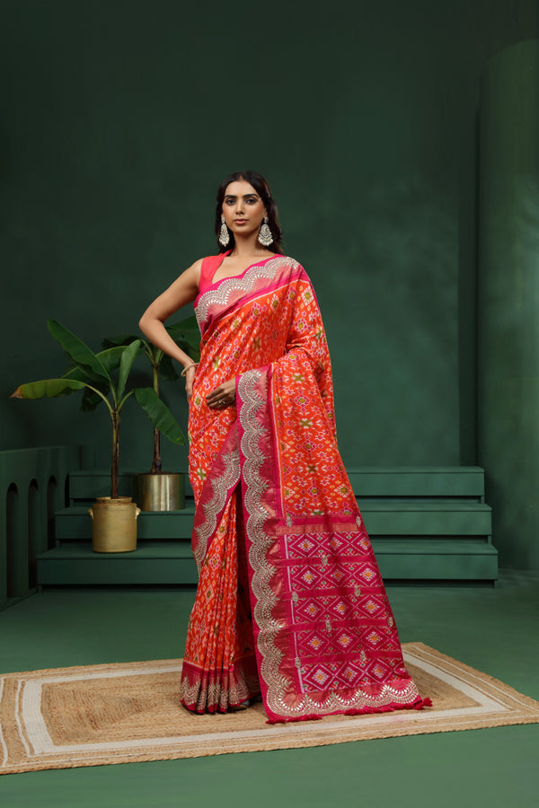 Rust Orange Pure Silk Saree with Unstitched Blouse