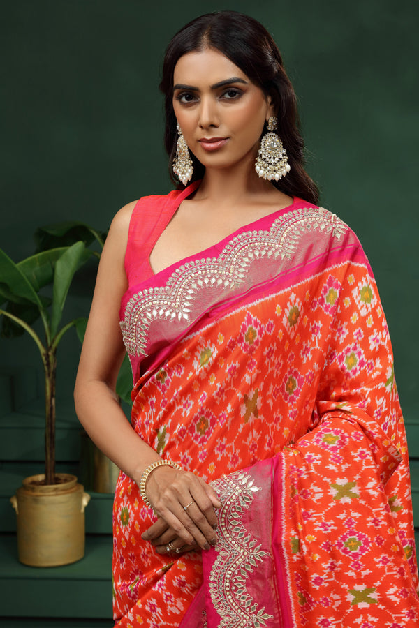 Rust Orange Pure Silk Saree with Unstitched Blouse