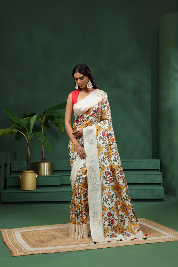 Off White Patola Print Tussar Silk Saree with Unstitched Blouse