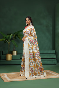 Off White Patola Print Tussar Silk Saree with Unstitched Blouse