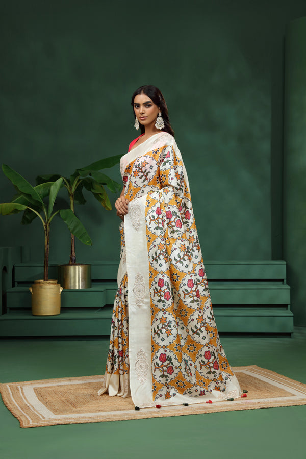 Off White Patola Print Tussar Silk Saree with Unstitched Blouse