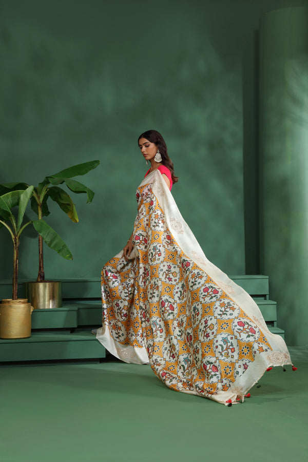 Off White Patola Print Tussar Silk Saree with Unstitched Blouse