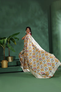 Off White Patola Print Tussar Silk Saree with Unstitched Blouse