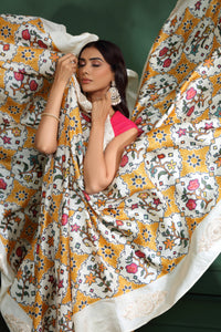 Off White Patola Print Tussar Silk Saree with Unstitched Blouse