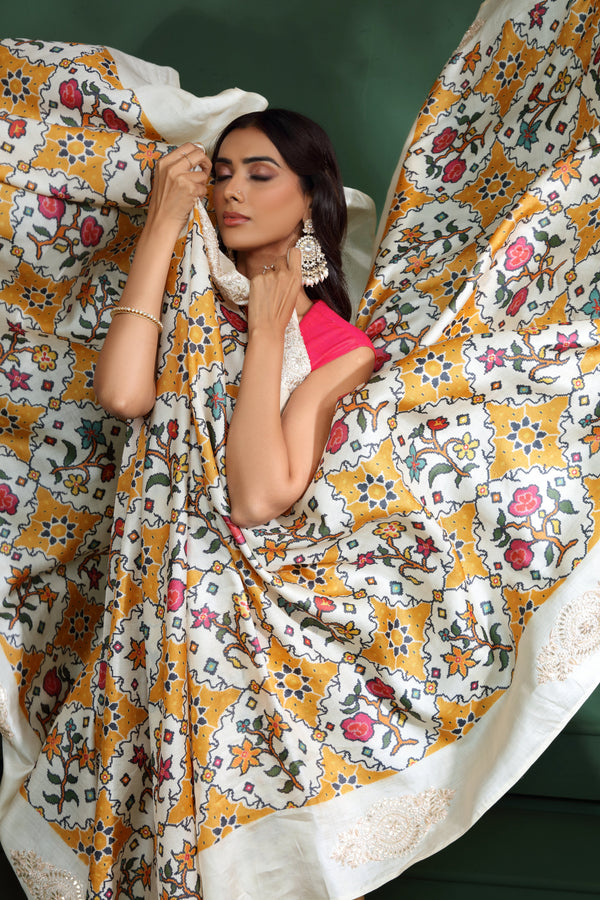 Off White Patola Print Tussar Silk Saree with Unstitched Blouse