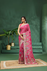 Pink Crepe Saree with Unstitched Blouse