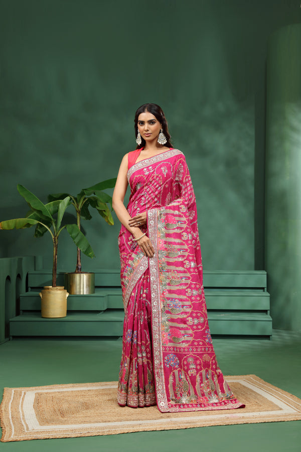 Pink Crepe Saree with Unstitched Blouse