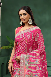 Pink Crepe Saree with Unstitched Blouse