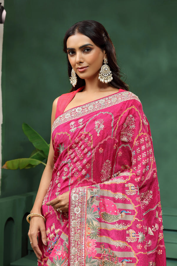 Pink Crepe Saree with Unstitched Blouse