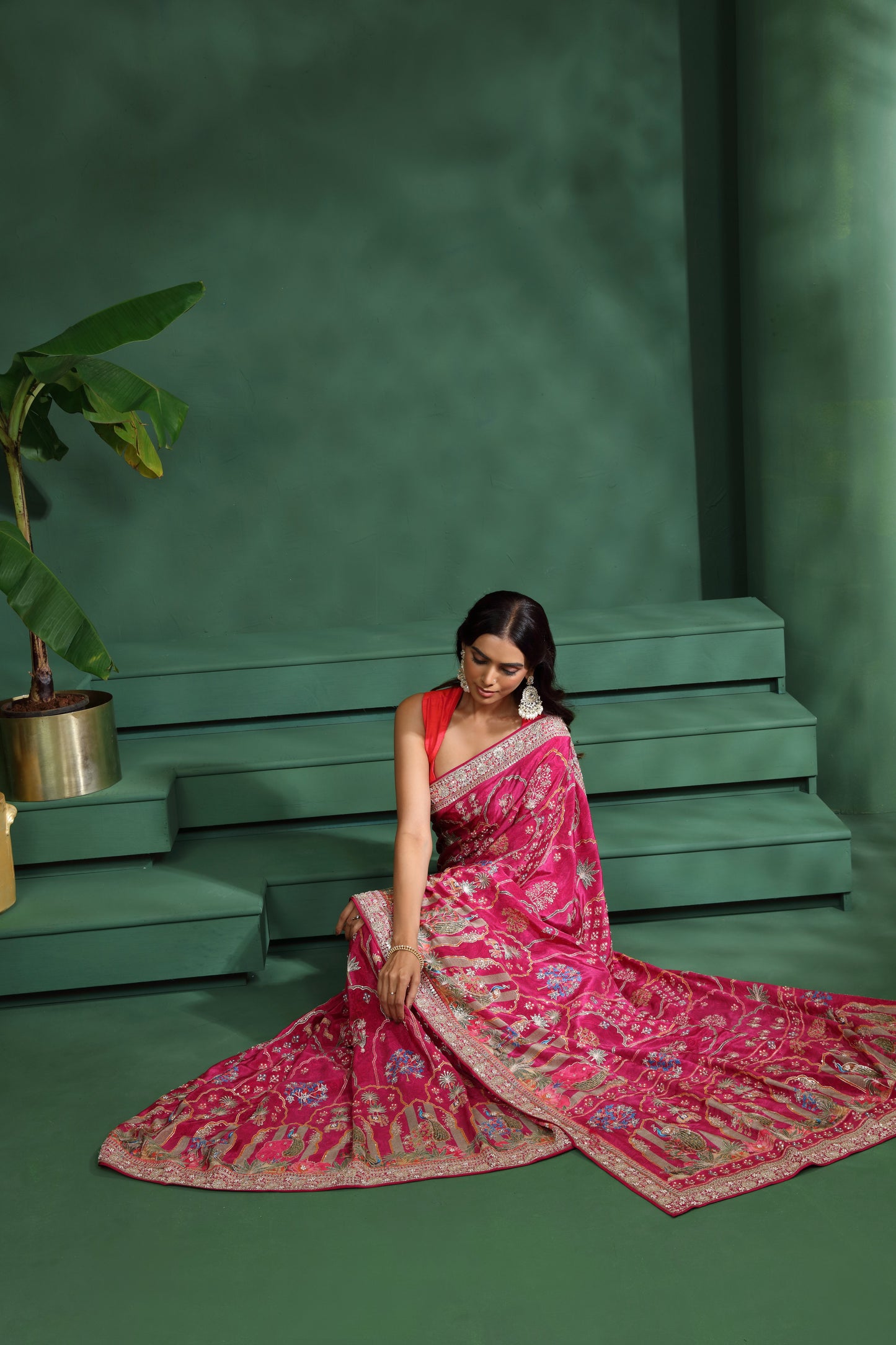 Pink Crepe Saree with Unstitched Blouse