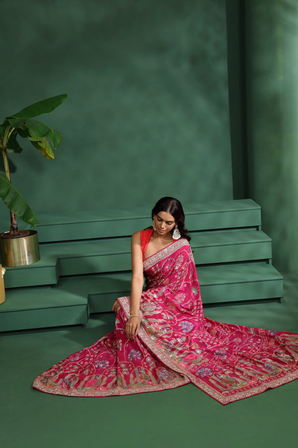 Pink Crepe Saree with Unstitched Blouse