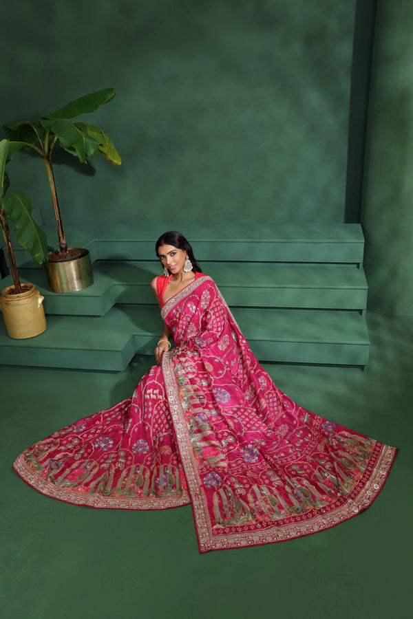 Pink Crepe Saree with Unstitched Blouse