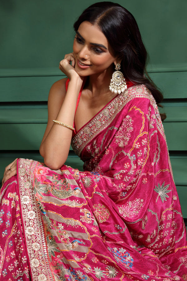 Pink Crepe Saree with Unstitched Blouse