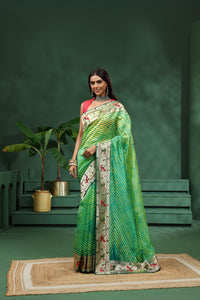 Green Laheriya Patola Silk Saree with Unstitched Blouse