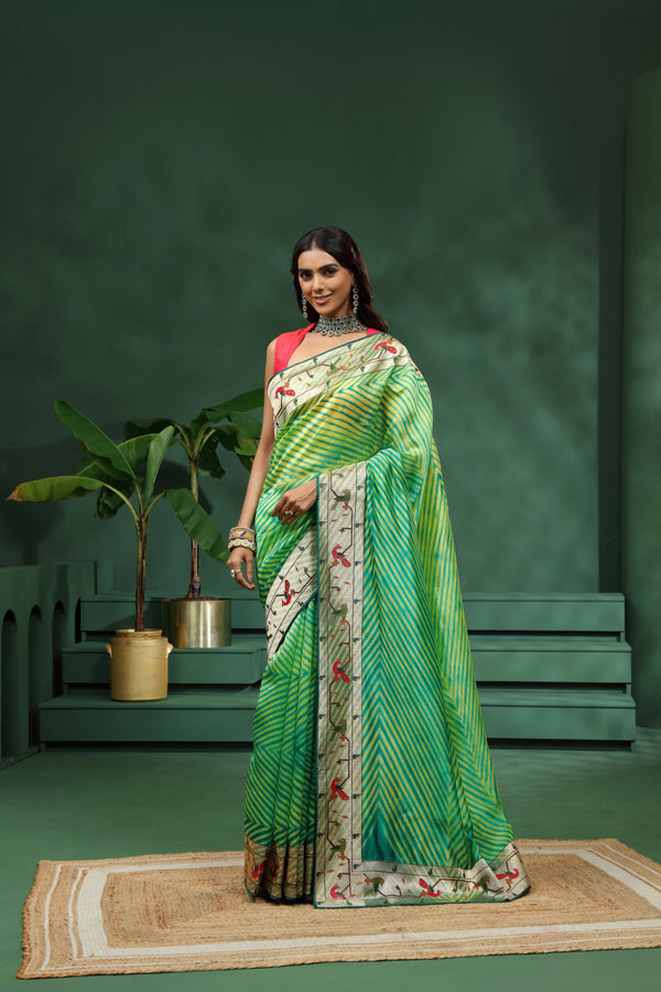 Green Laheriya Patola Silk Saree with Unstitched Blouse