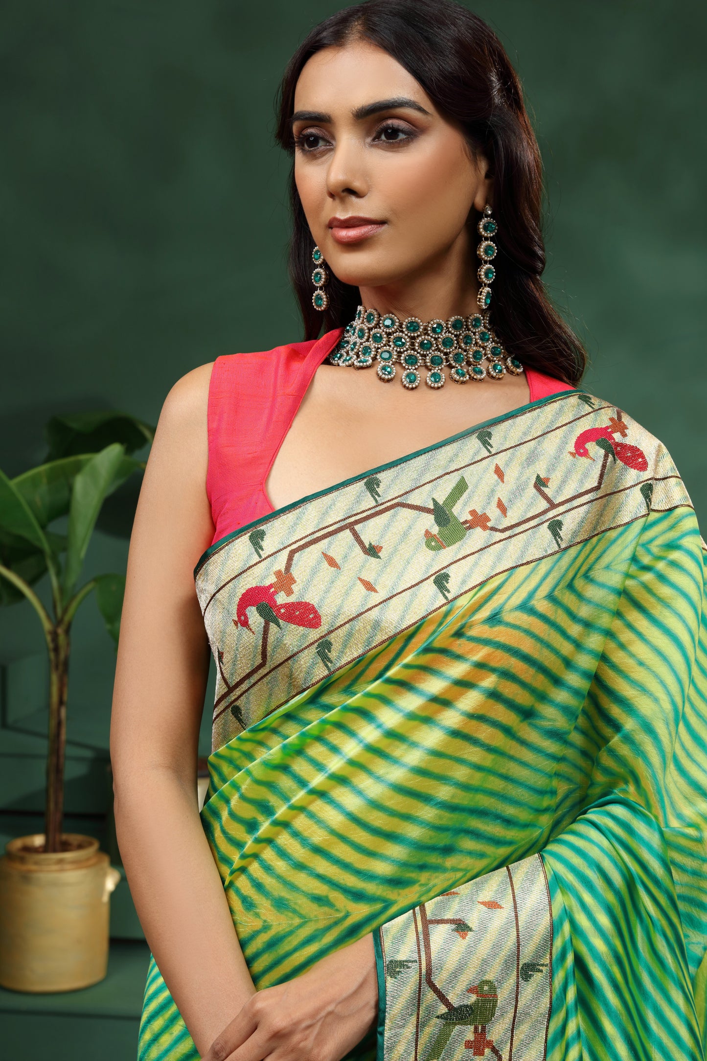 Green Laheriya Patola Silk Saree with Unstitched Blouse