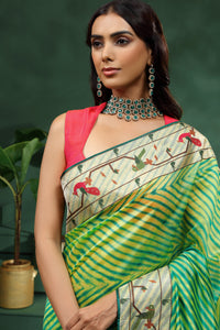 Green Laheriya Patola Silk Saree with Unstitched Blouse