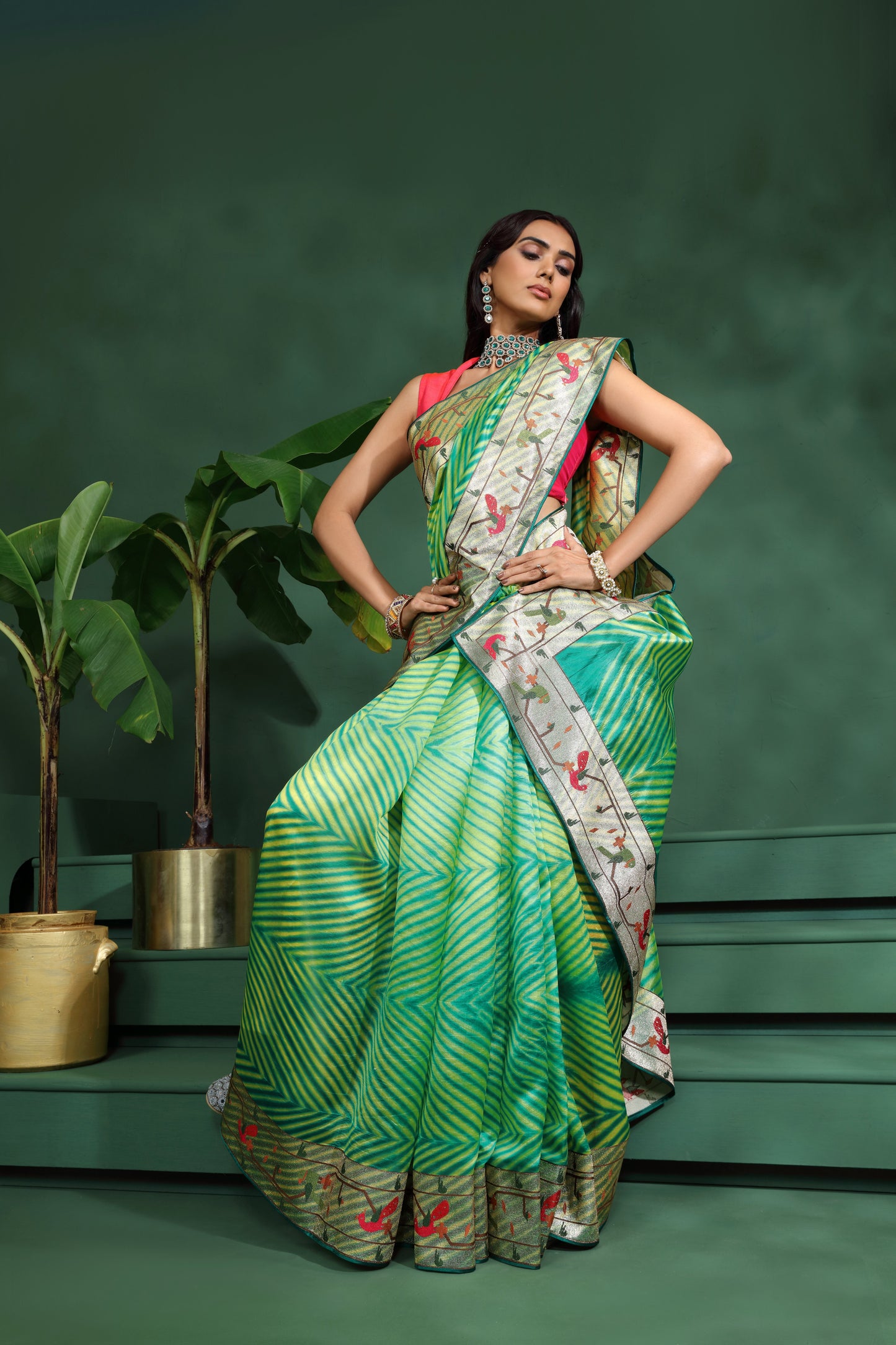Green Laheriya Patola Silk Saree with Unstitched Blouse