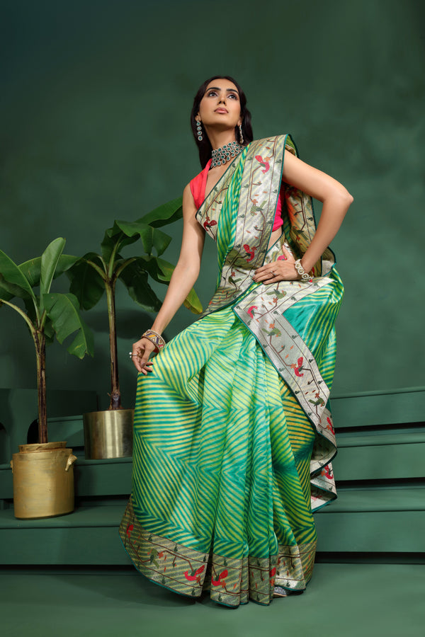 Green Laheriya Patola Silk Saree with Unstitched Blouse