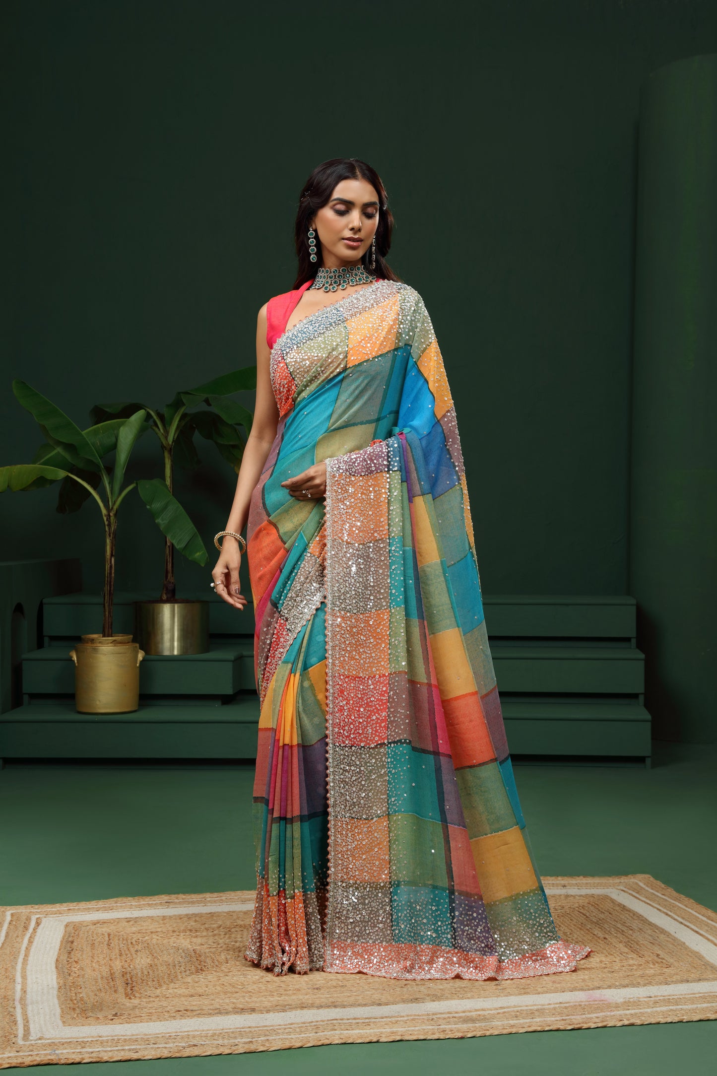 Multicolour Georgette Saree with Unstitched Blouse