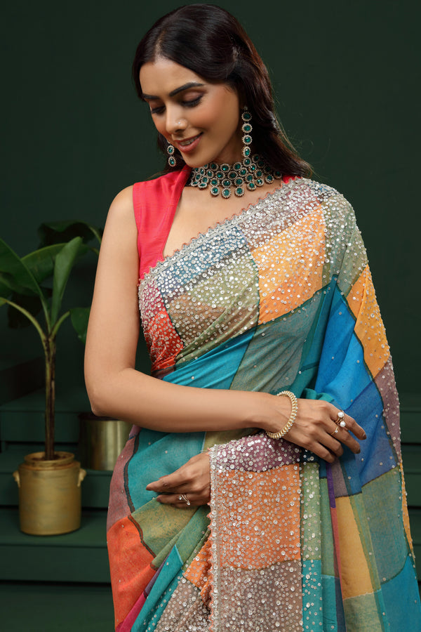 Multicolour Georgette Saree with Unstitched Blouse