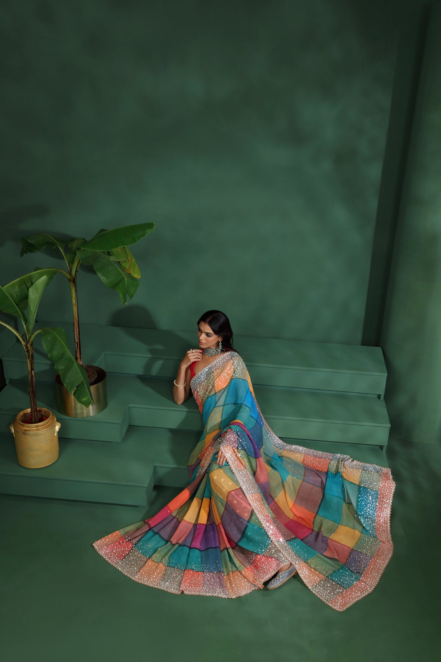 Multicolour Georgette Saree with Unstitched Blouse