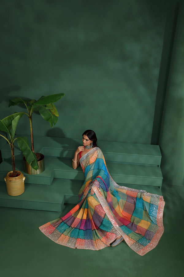 Multicolour Georgette Saree with Unstitched Blouse