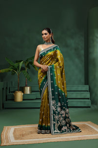 Green & Mustard Yellow Tasar Silk Saree with Unstitched Blouse
