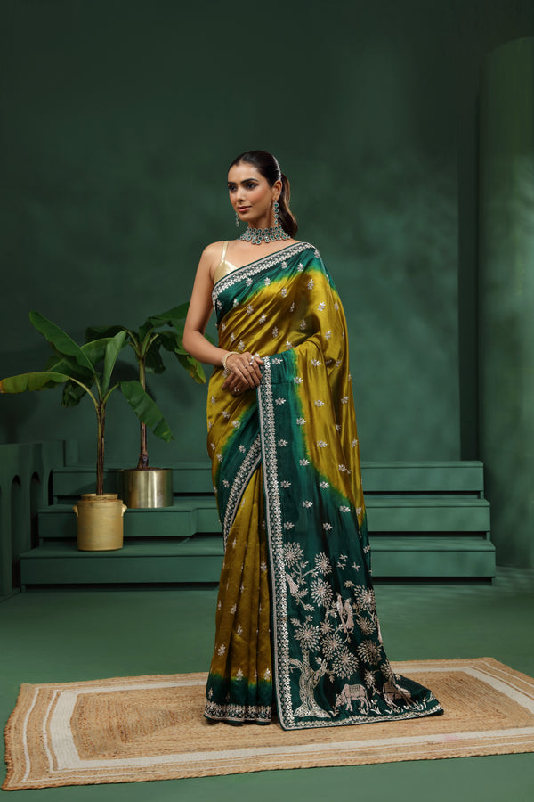 Green & Mustard Yellow Tasar Silk Saree with Unstitched Blouse